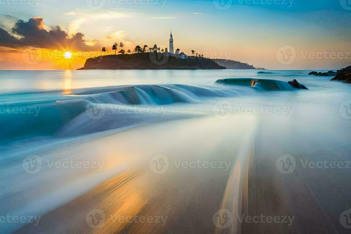 un' faro è visto nel il distanza a tramonto. ai-generato foto