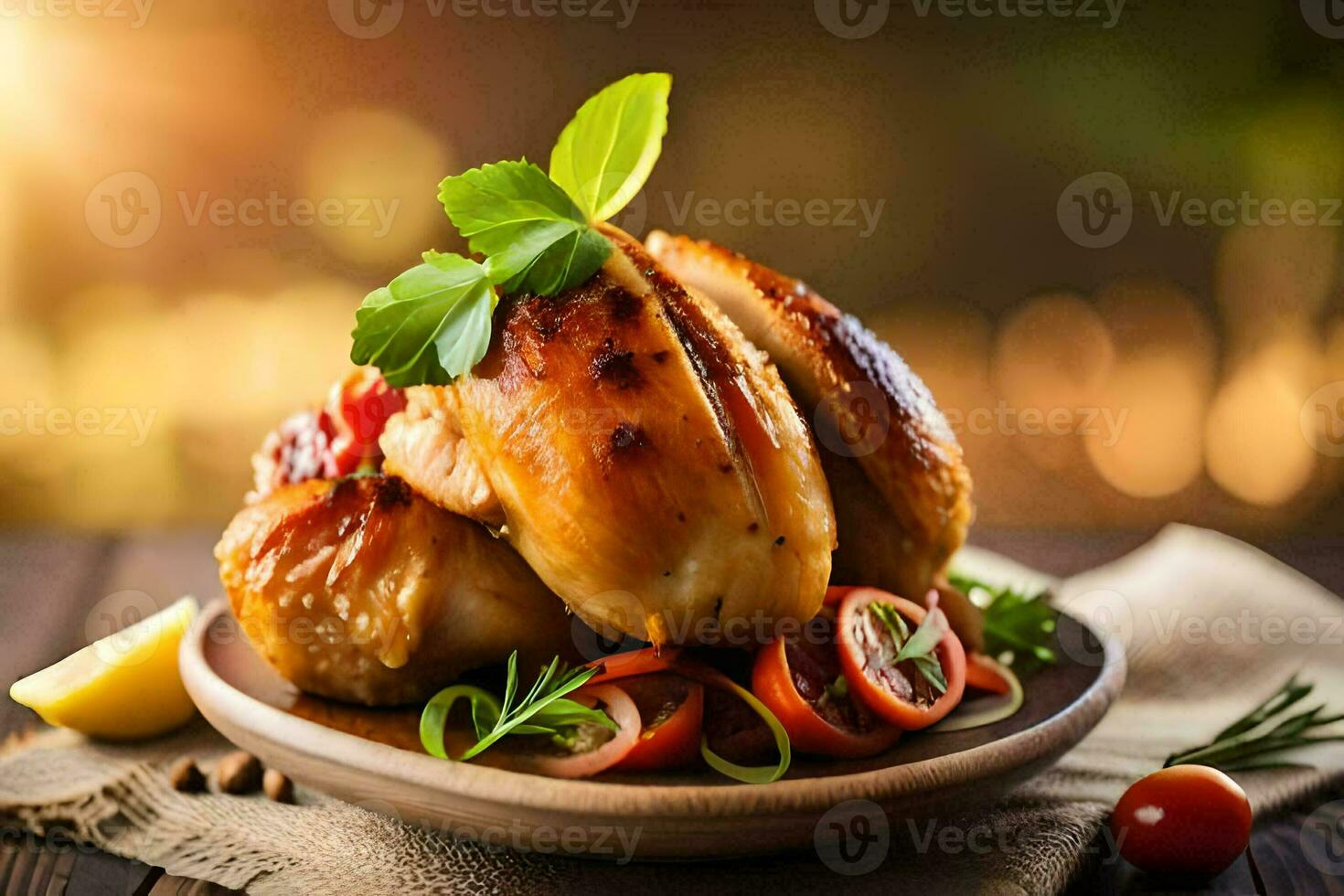 un' piatto di pollo con verdure e erbe aromatiche. ai-generato foto