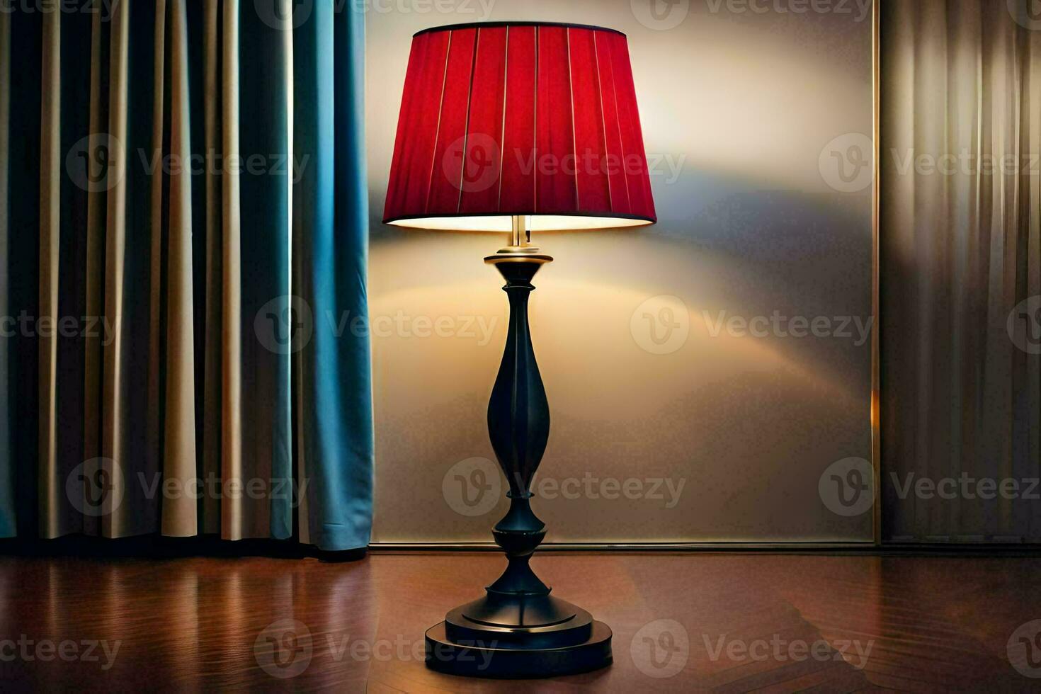un' lampada è su un' tavolo nel davanti di un' tenda. ai-generato foto