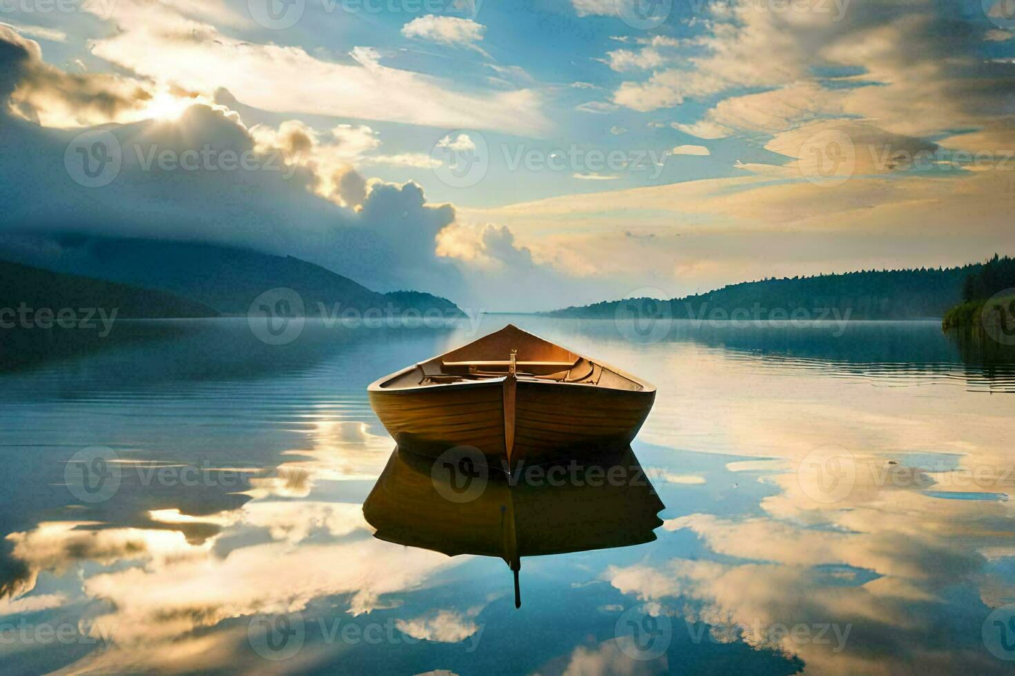 un' barca su un' lago con nuvole riflettendo nel il acqua. ai-generato foto