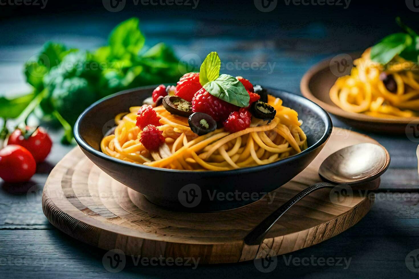 spaghetti con pomodori, basilico e olive nel un' ciotola. ai-generato foto