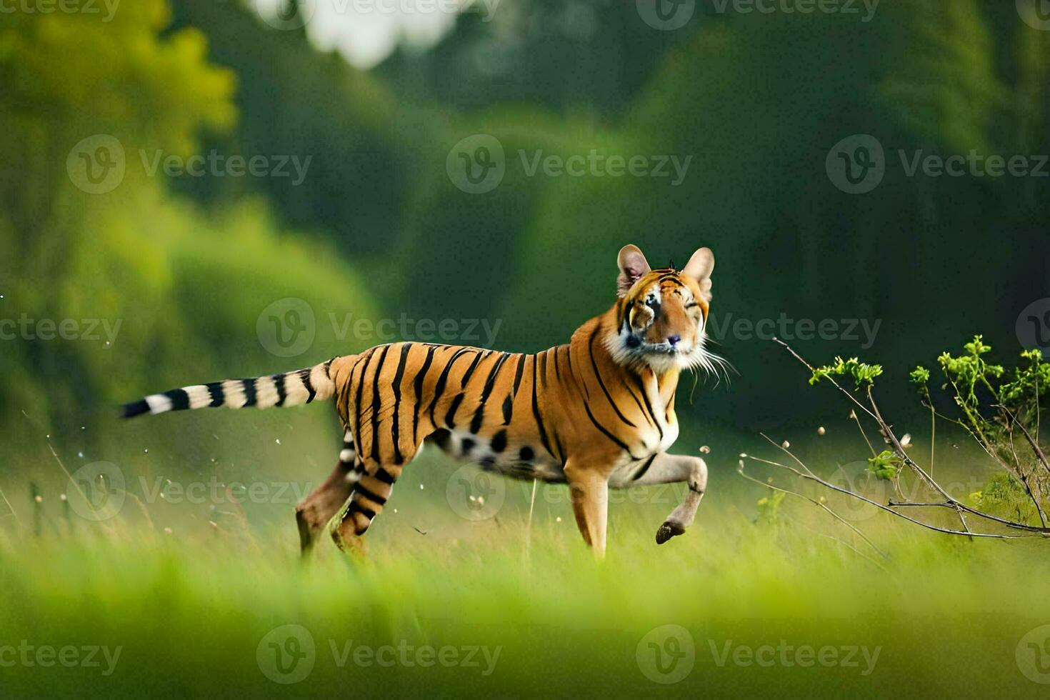un' tigre a piedi attraverso un' campo. ai-generato foto