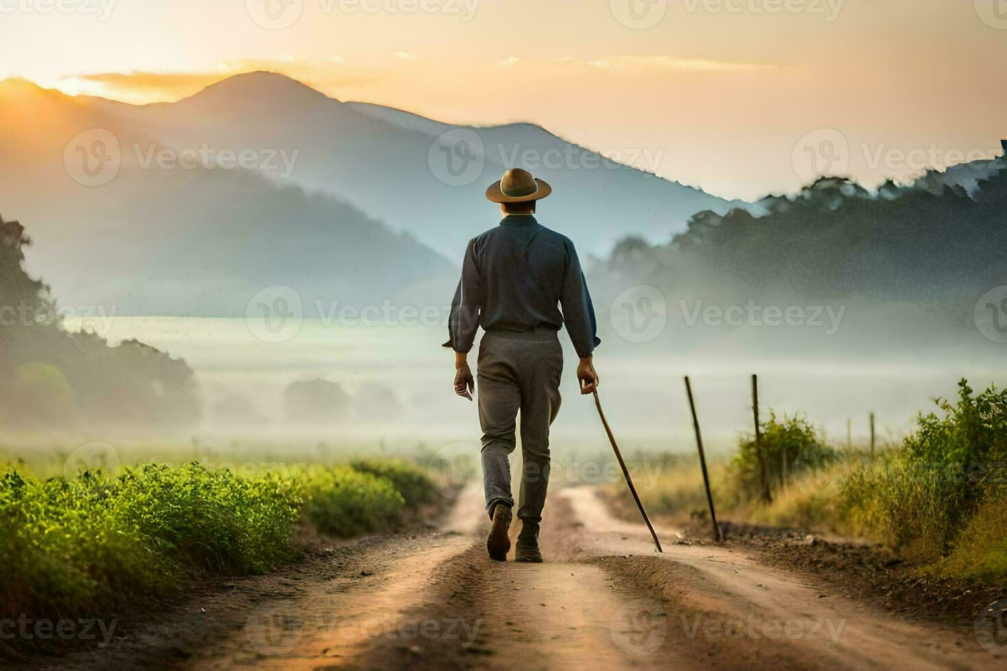 un' uomo a piedi giù un' sporco strada con un' canna. ai-generato foto