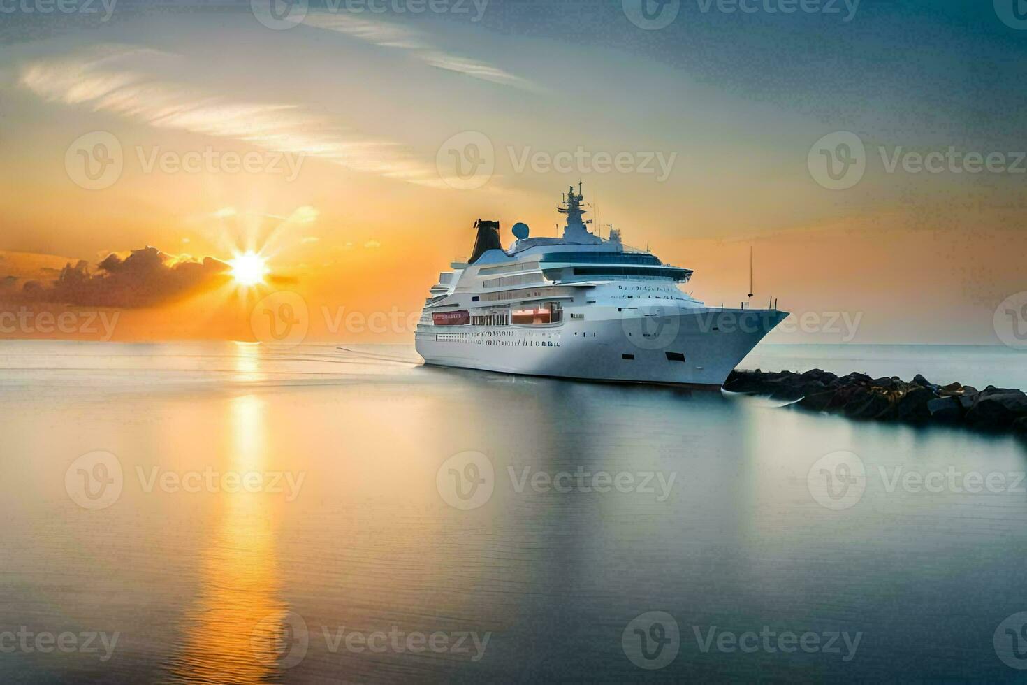 un' crociera nave nel il oceano a tramonto. ai-generato foto