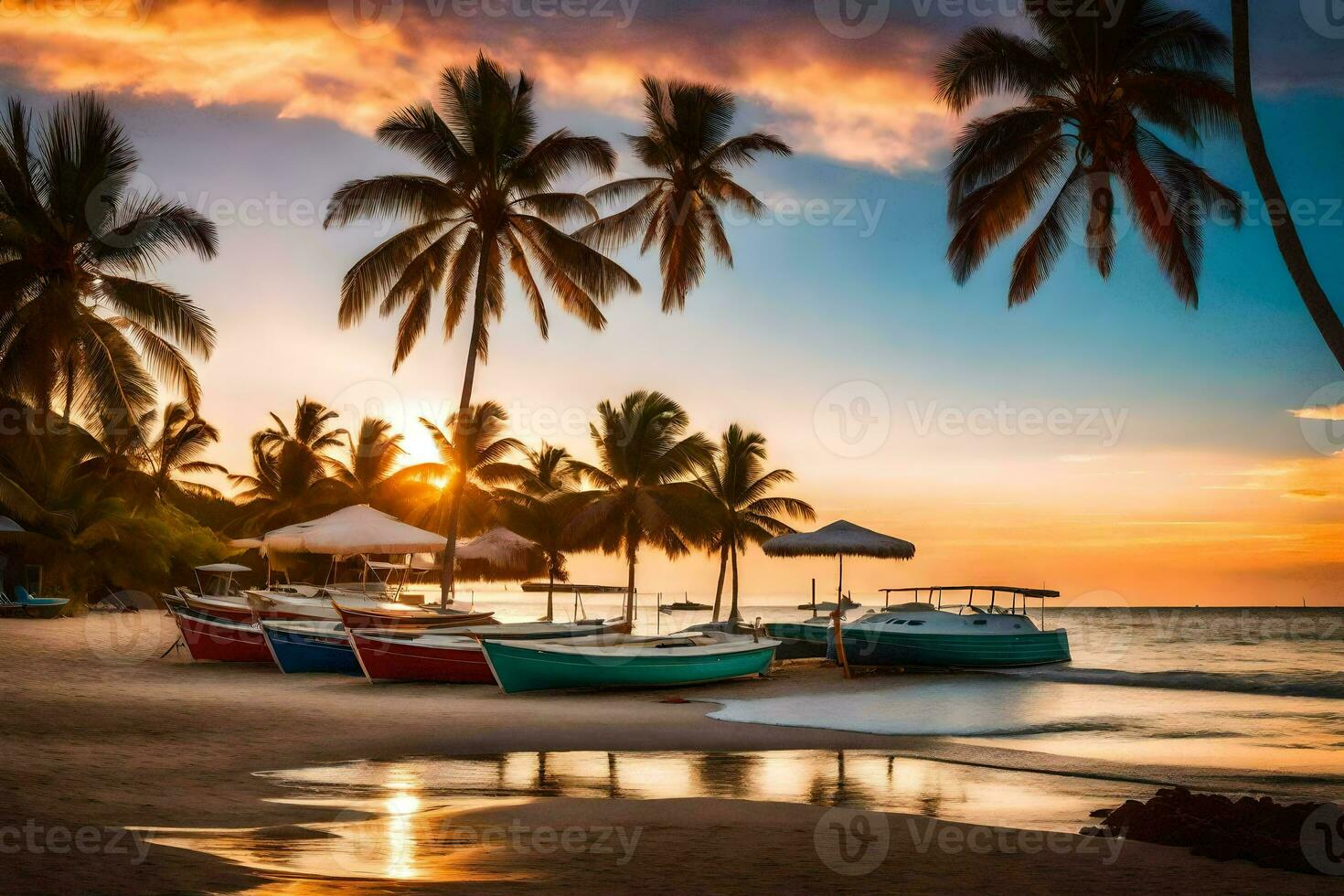 Barche su il spiaggia a tramonto. ai-generato foto