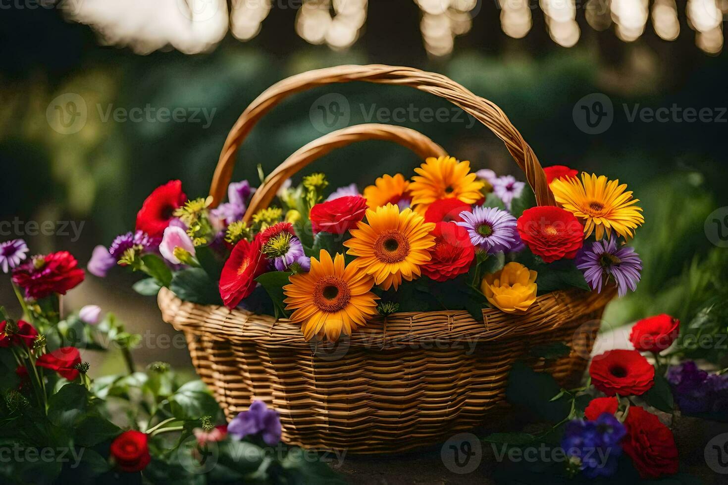 un' cestino pieno di colorato fiori è seduta su un' di legno tavolo. ai-generato foto