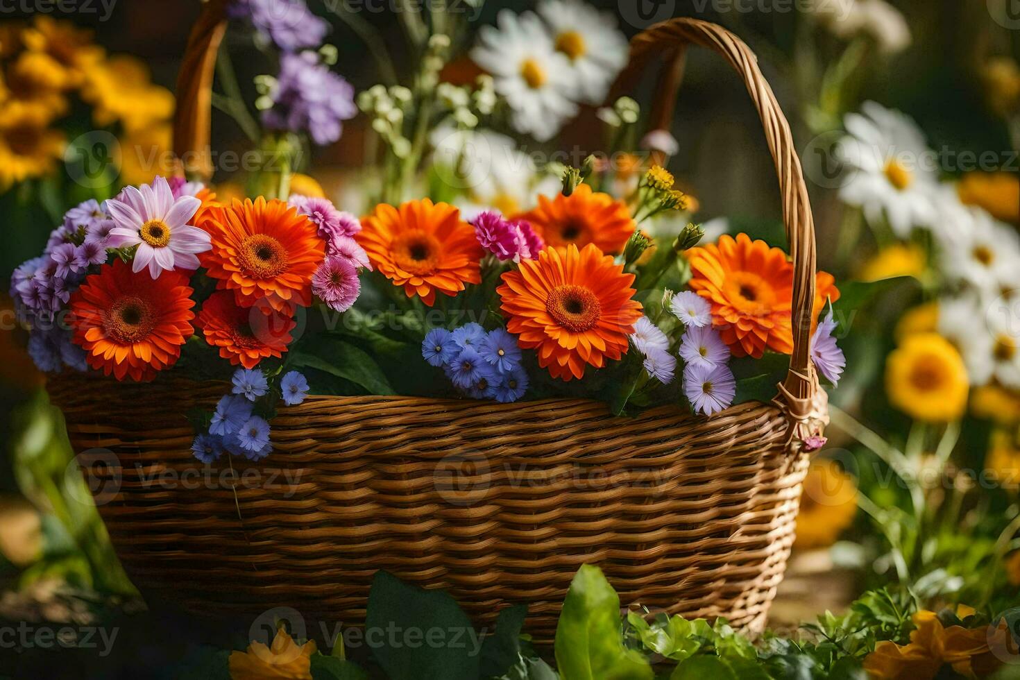 un' cestino pieno di fiori è posto su il terra. ai-generato foto