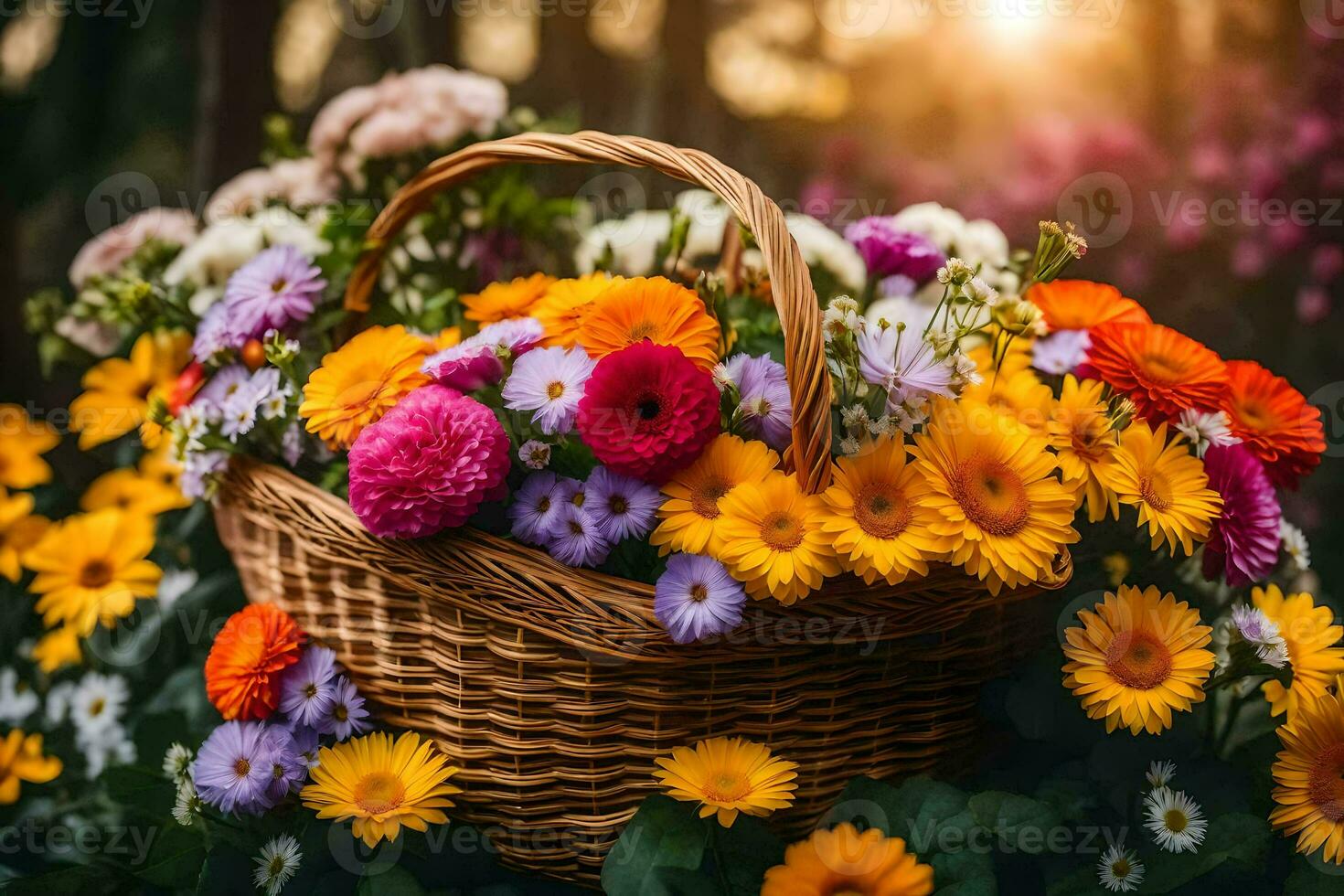 un' cestino pieno di colorato fiori è seduta su il erba. ai-generato foto