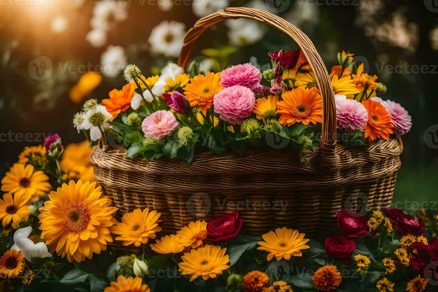 un' cestino pieno di colorato fiori su un' soleggiato giorno. ai-generato foto