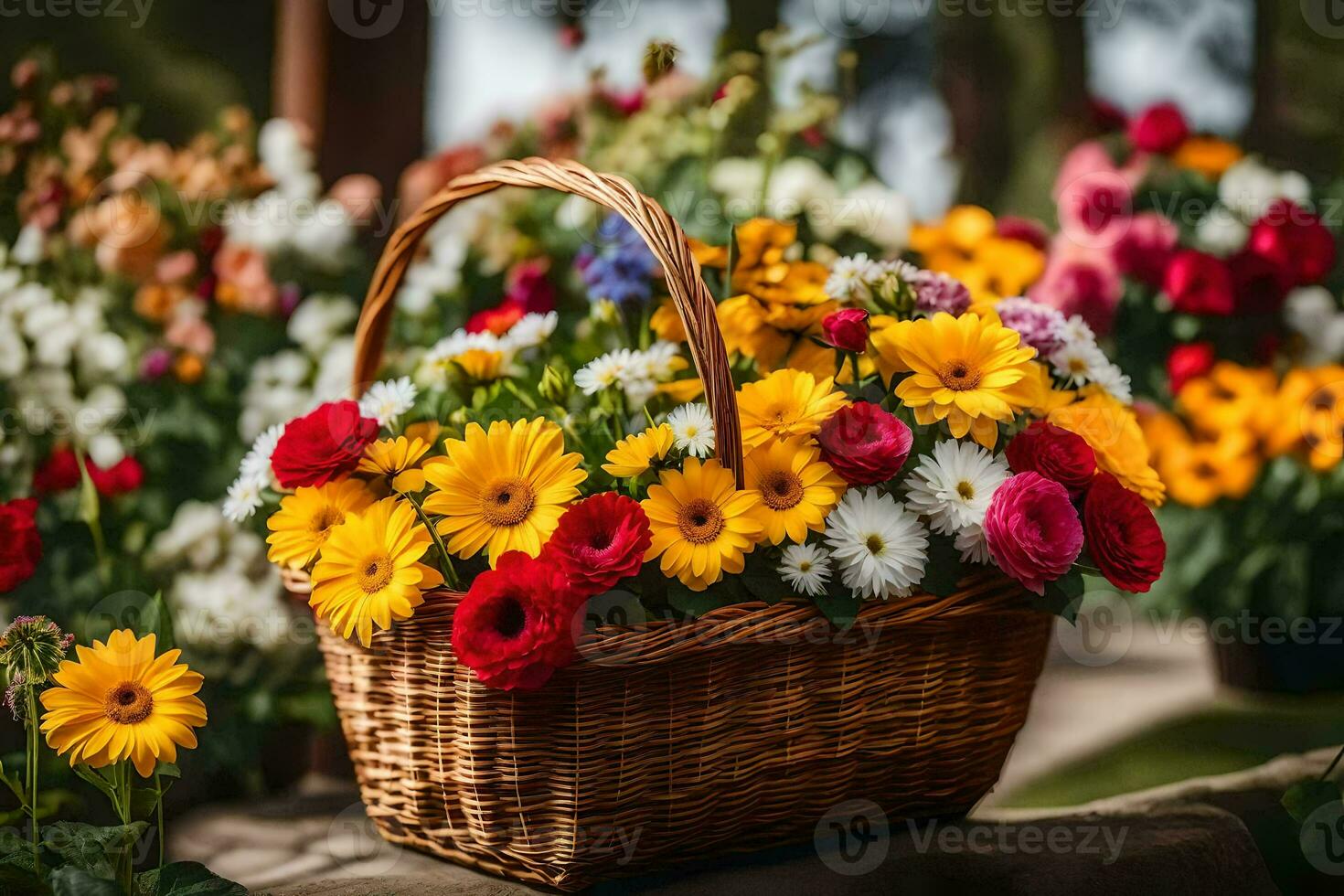 un' cestino pieno di colorato fiori seduta su un' tavolo. ai-generato foto