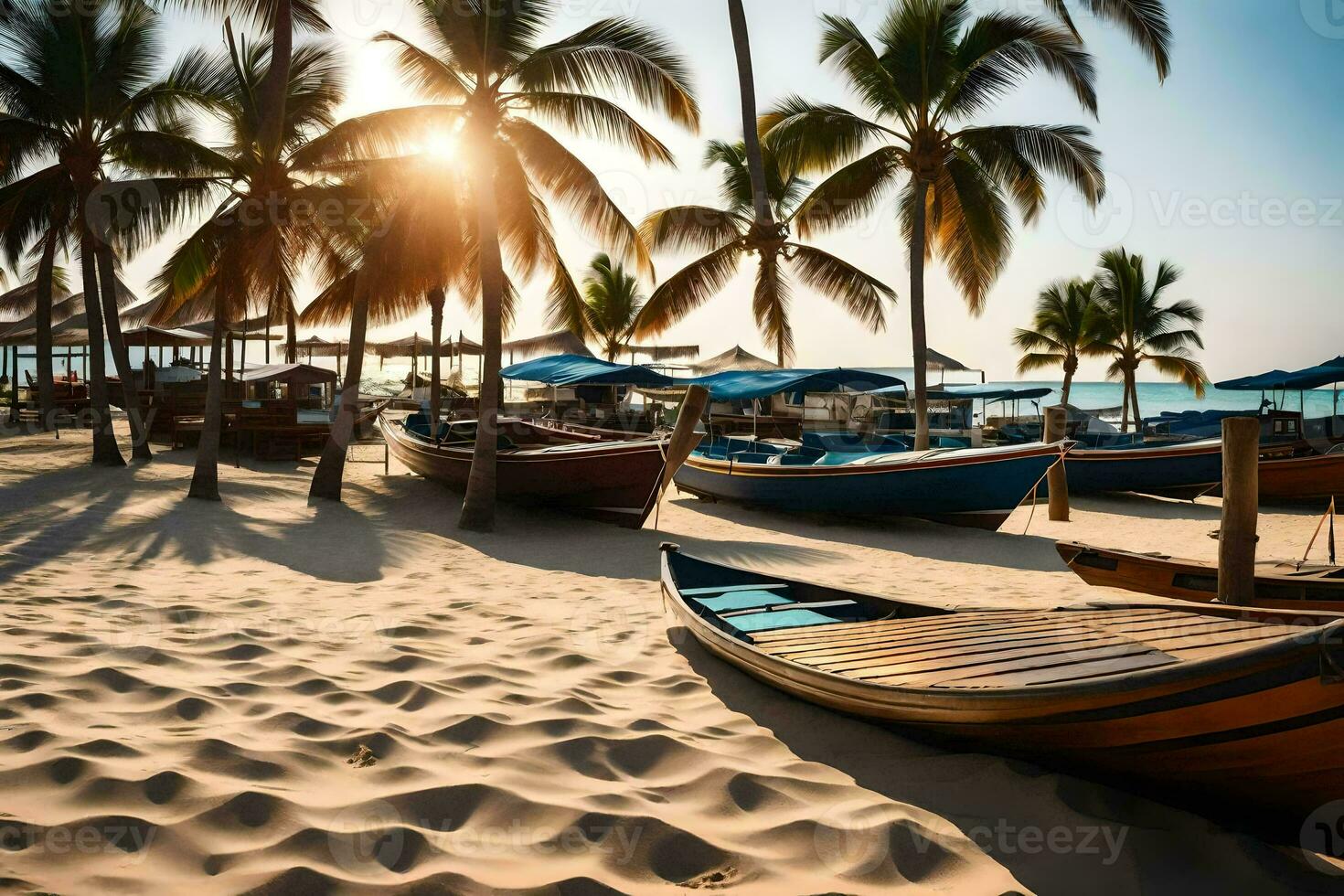 Barche su il spiaggia a tramonto con palma alberi. ai-generato foto