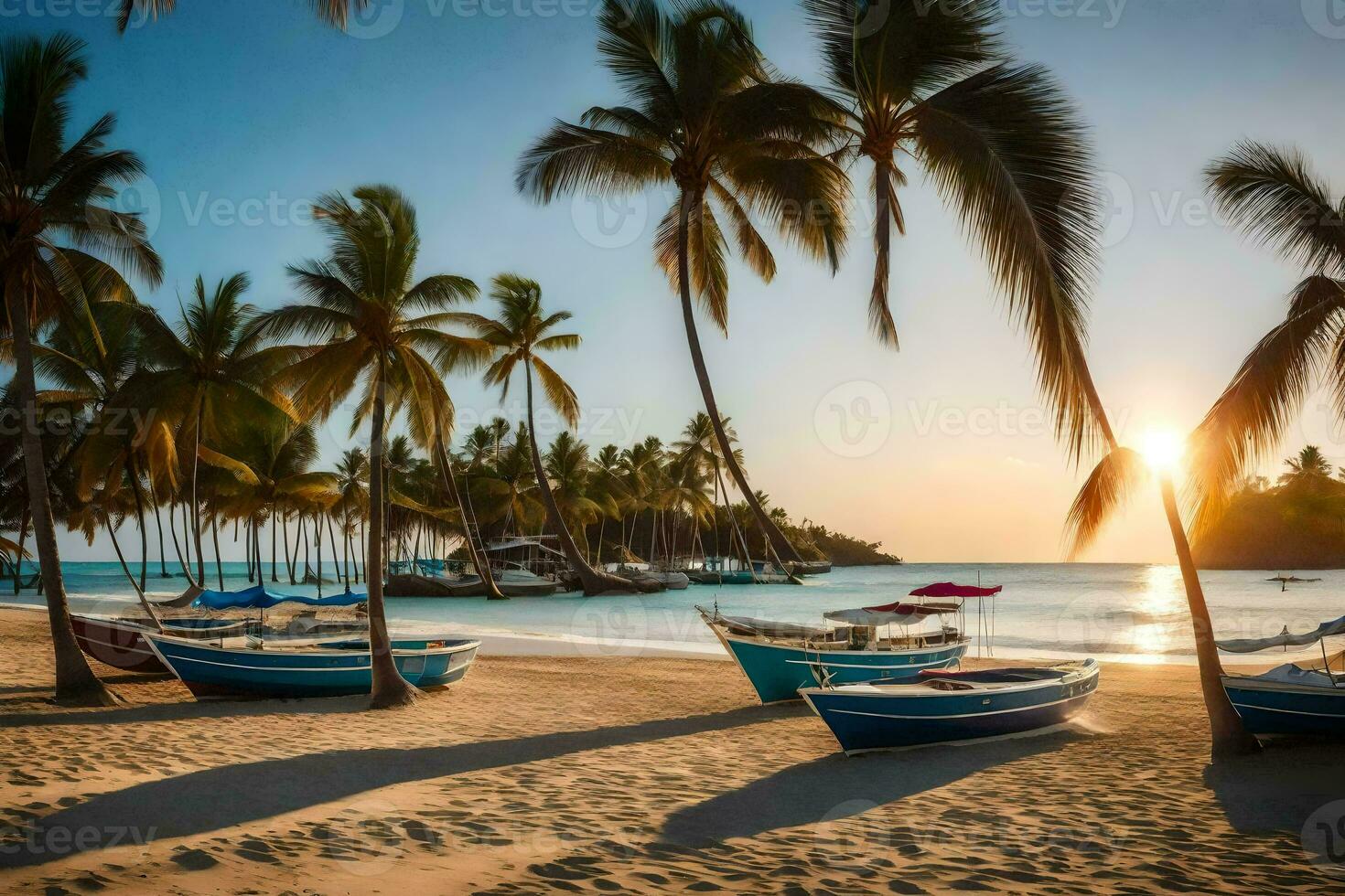 Barche su il spiaggia a tramonto con palma alberi. ai-generato foto