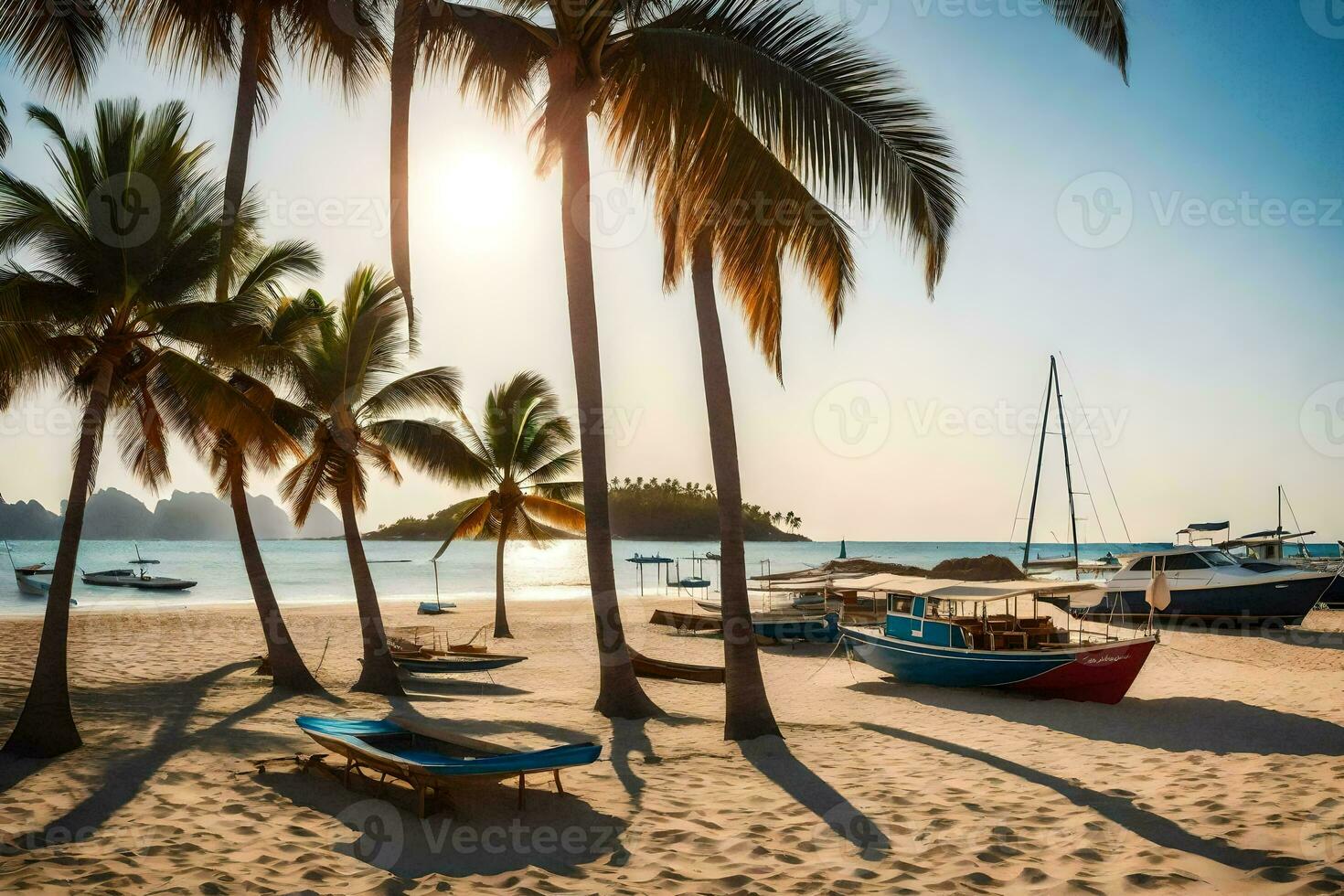 un' spiaggia con palma alberi e Barche su il sabbia. ai-generato foto