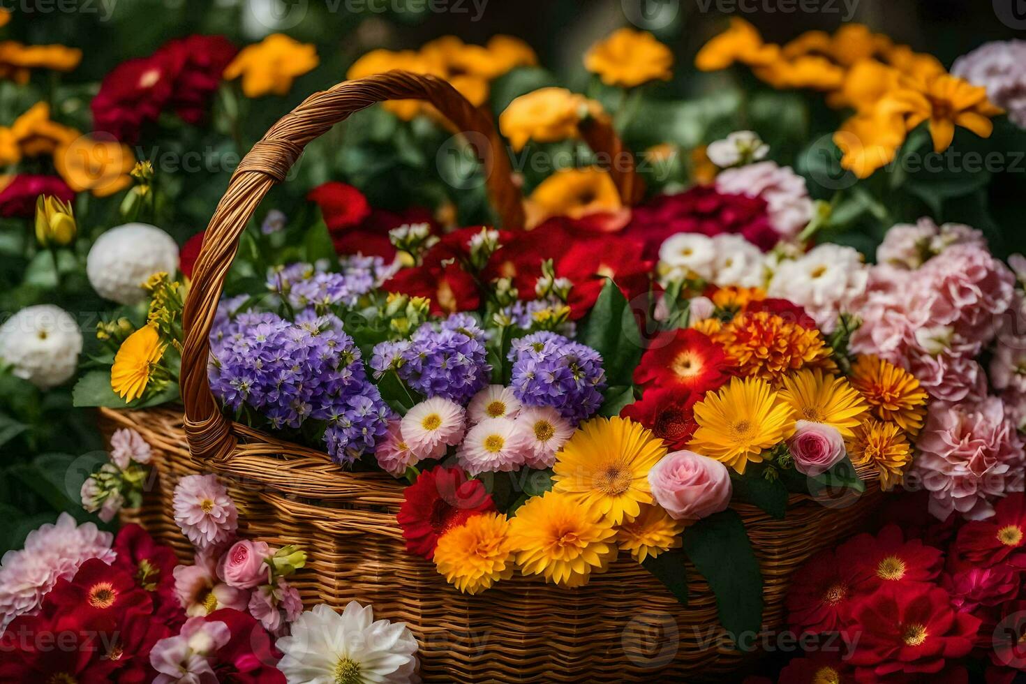 un' cestino pieno di colorato fiori su un' tavolo. ai-generato foto