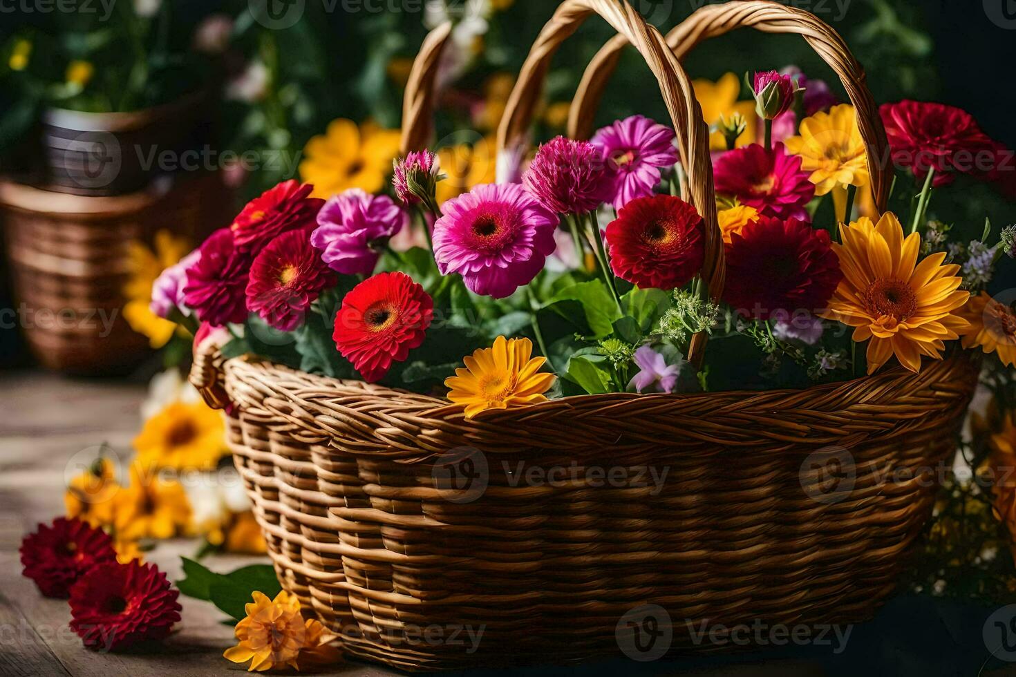 un' cestino pieno con colorato fiori su un' di legno tavolo. ai-generato foto