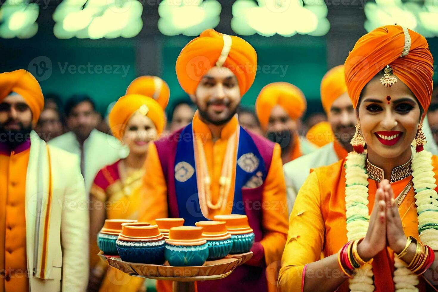indiano nozze cerimonia con sposa e sposo nel arancia. ai-generato foto