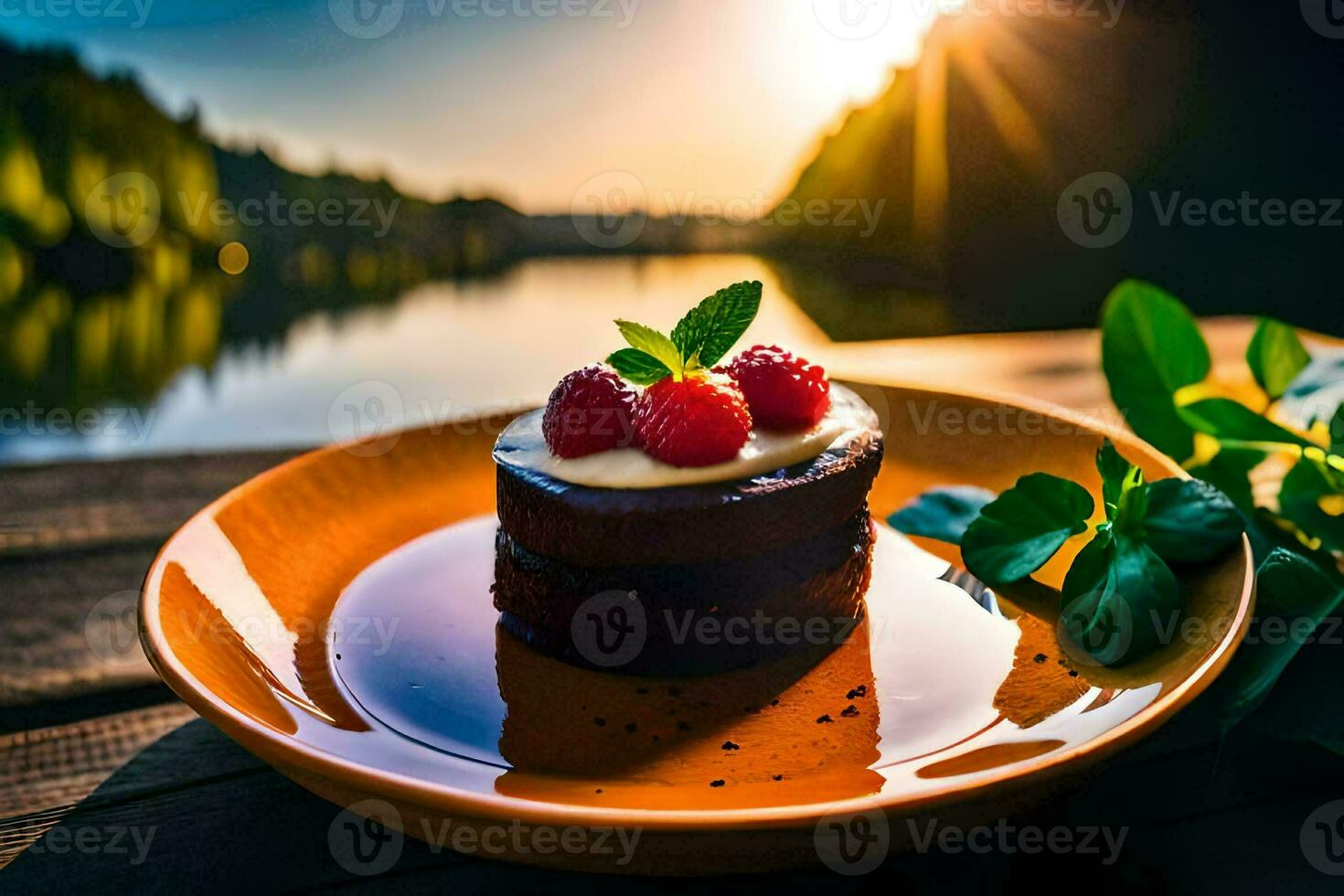 un' dolce su un' piatto con lamponi e un' lago nel il sfondo. ai-generato foto