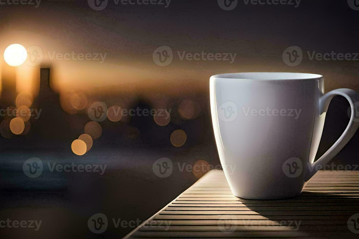 un' caffè tazza si siede su un' tavolo nel davanti di un' paesaggio urbano. ai-generato foto