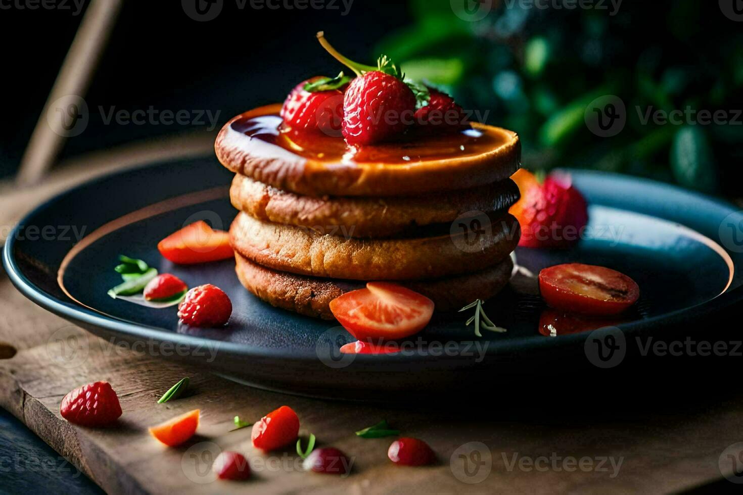 pila di Pancakes con fragole su un' nero piatto. ai-generato foto