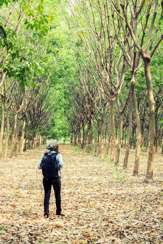 giovane donna che porta zaino a piedi nella foresta foto