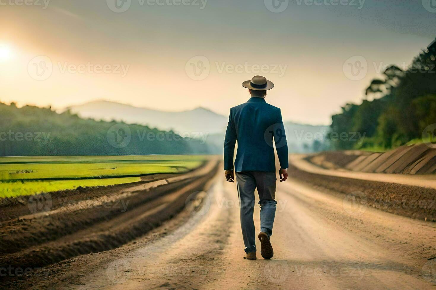 un' uomo nel un' completo da uomo e cappello passeggiate giù un' sporco strada. ai-generato foto