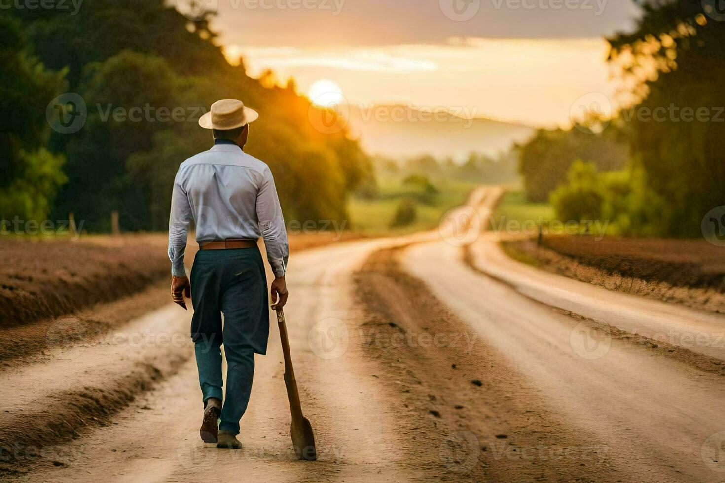un' uomo a piedi giù un' sporco strada con un' pala. ai-generato foto