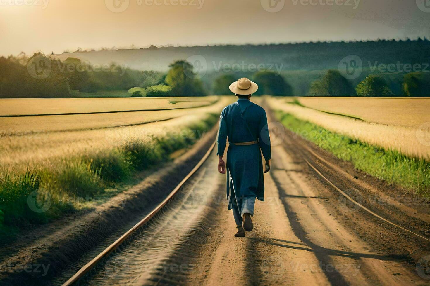 un' uomo nel un' cappello passeggiate giù un' sporco strada. ai-generato foto