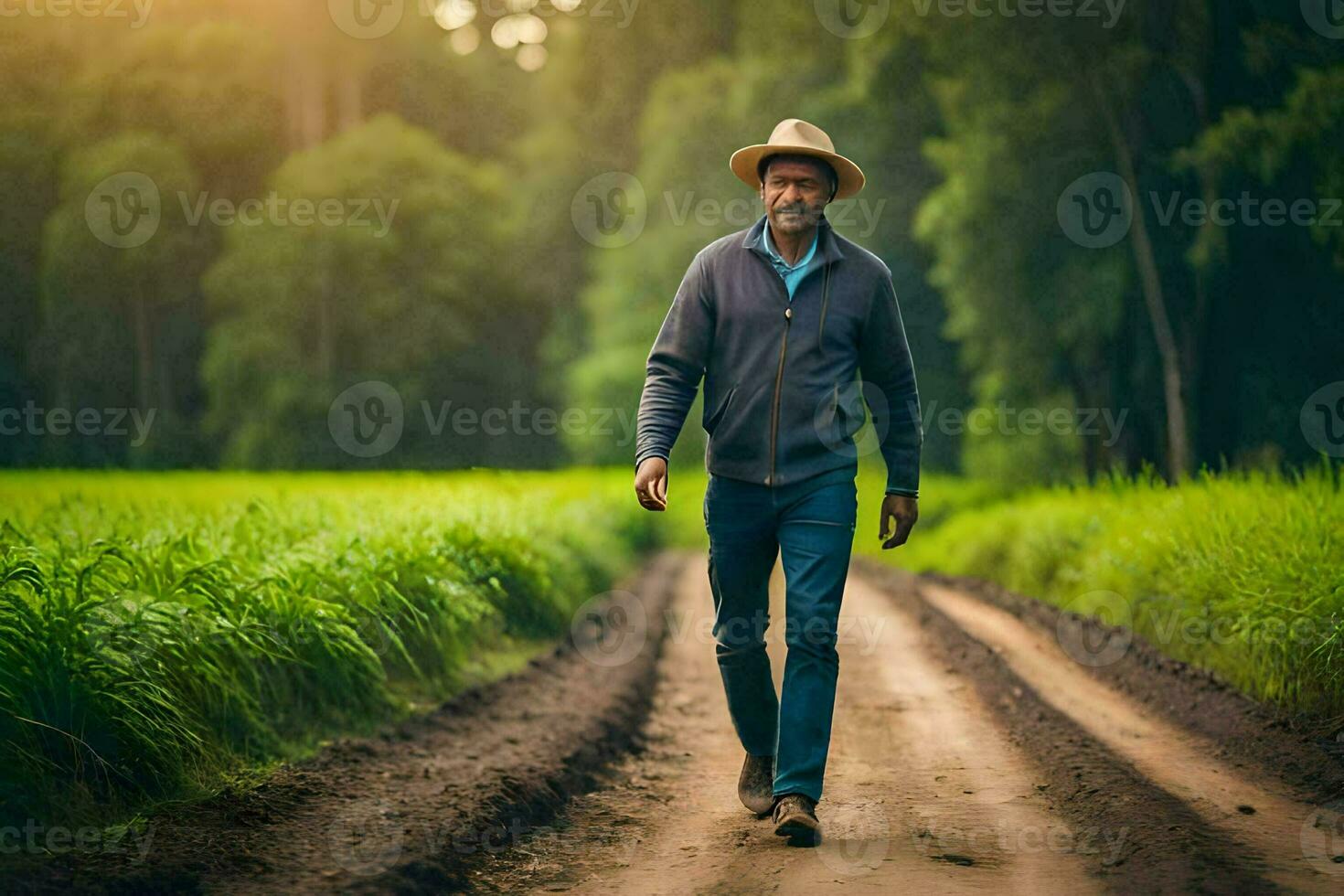 un più vecchio uomo a piedi giù un' sporco strada nel un' campo. ai-generato foto