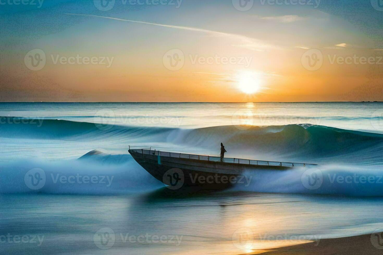 il Alba al di sopra di il oceano con un' barca nel il primo piano. ai-generato foto