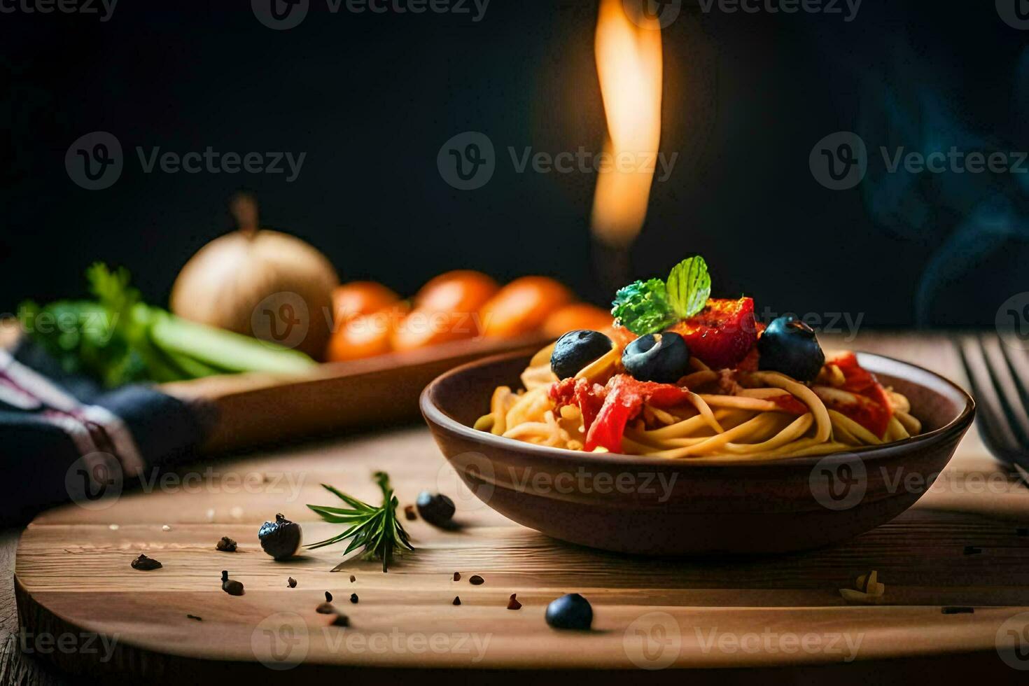 spaghetti con pomodori e olive nel un' ciotola. ai-generato foto