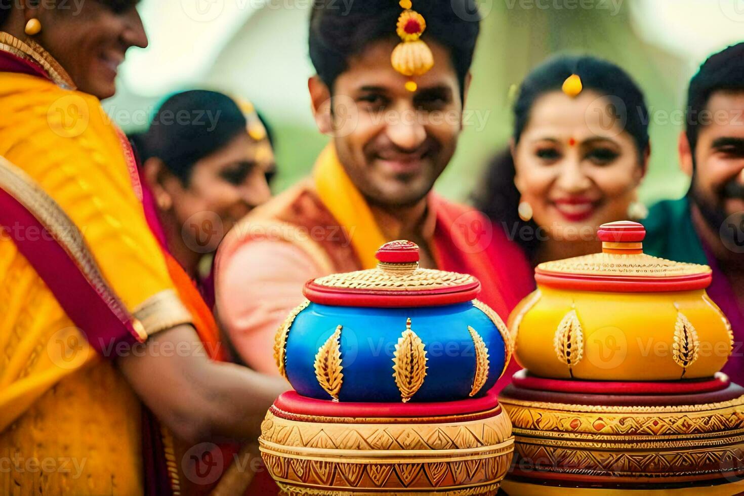 un' gruppo di persone nel indiano abbigliamento Tenere colorato pentole. ai-generato foto
