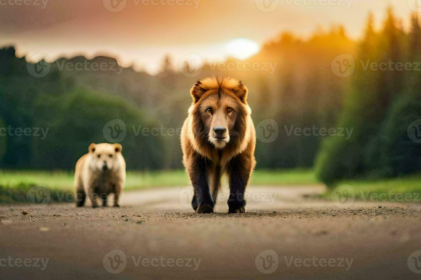 Due leoni a piedi su un' strada a tramonto. ai-generato foto