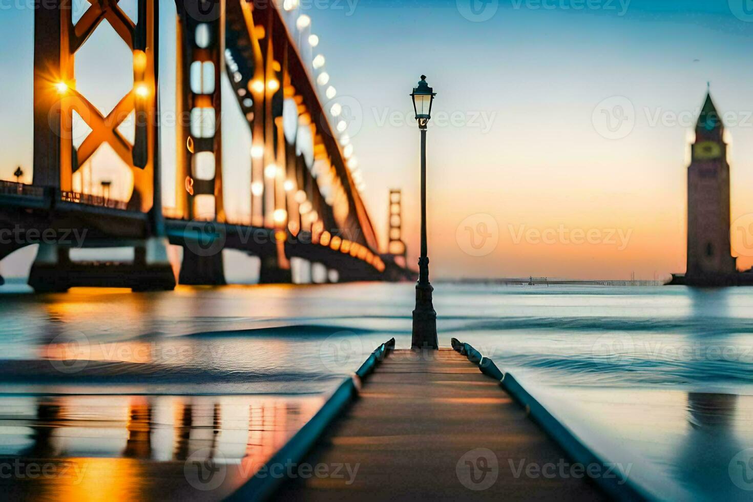 un' lungo molo con un' ponte nel il sfondo. ai-generato foto