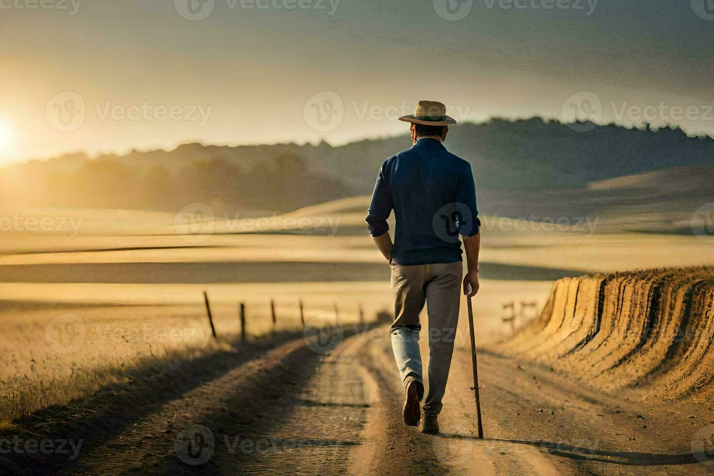 un' uomo a piedi su un' sporco strada con un' canna. ai-generato foto