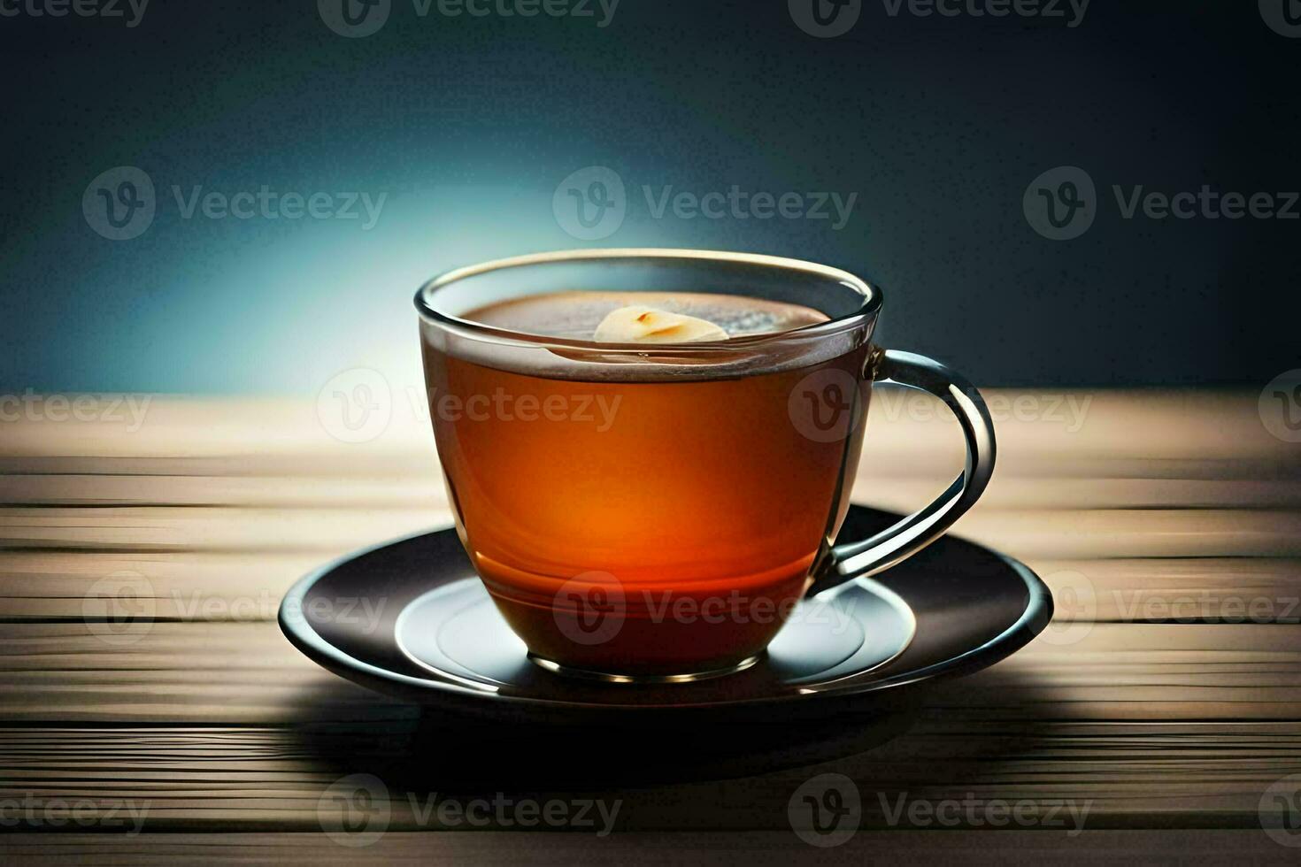 un' tazza di tè su un' piattino su un' di legno tavolo. ai-generato foto