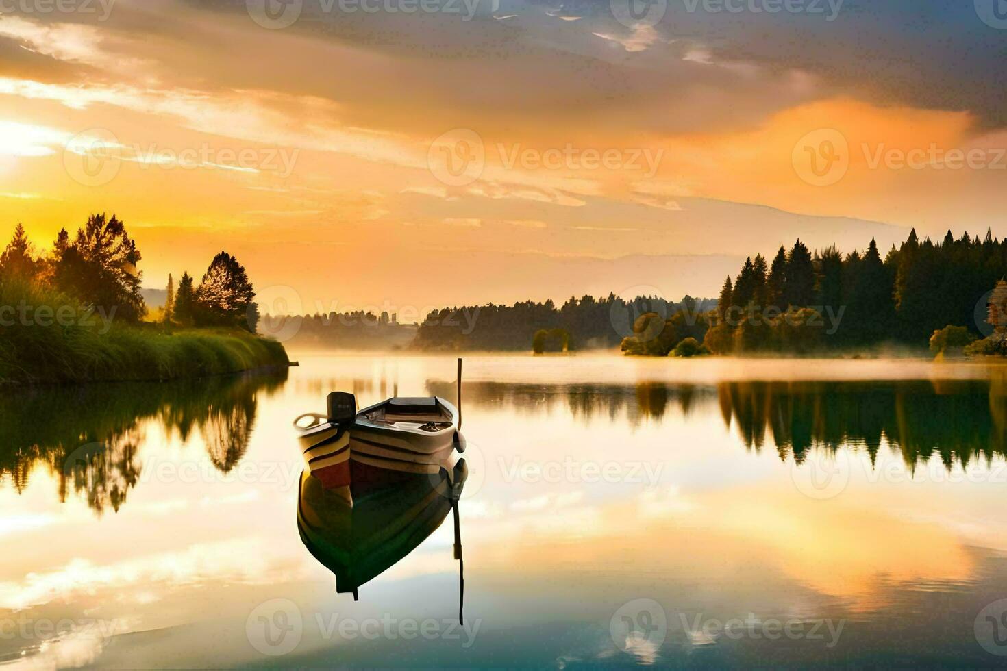 un' barca è galleggiante su il calma acqua a tramonto. ai-generato foto