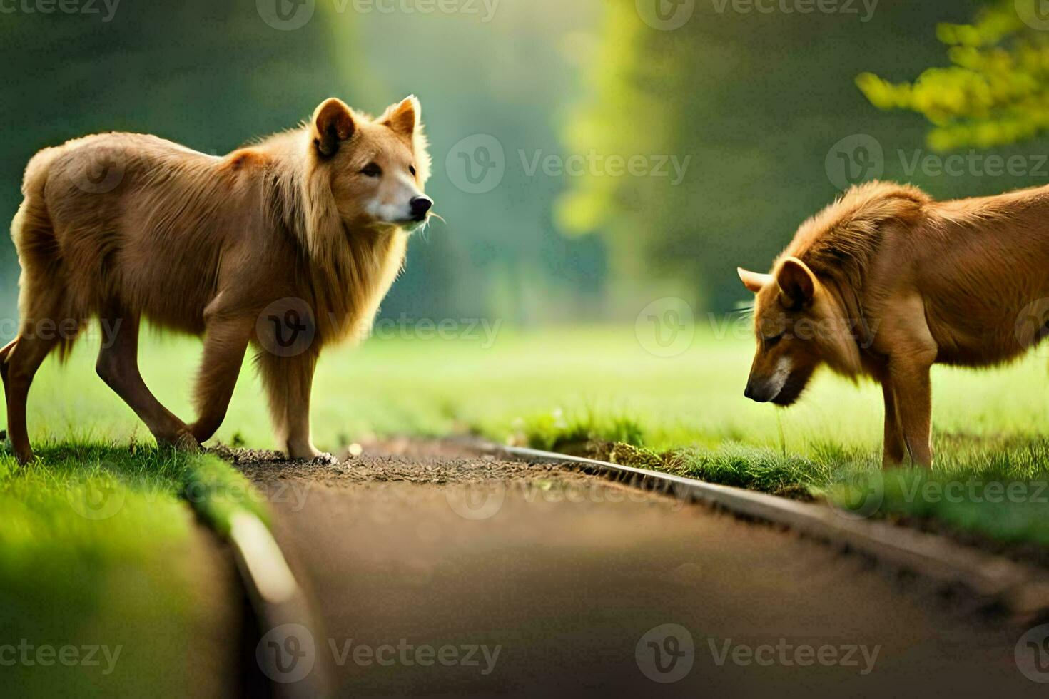 Due cani siamo in piedi su il lato di un' treno traccia. ai-generato foto