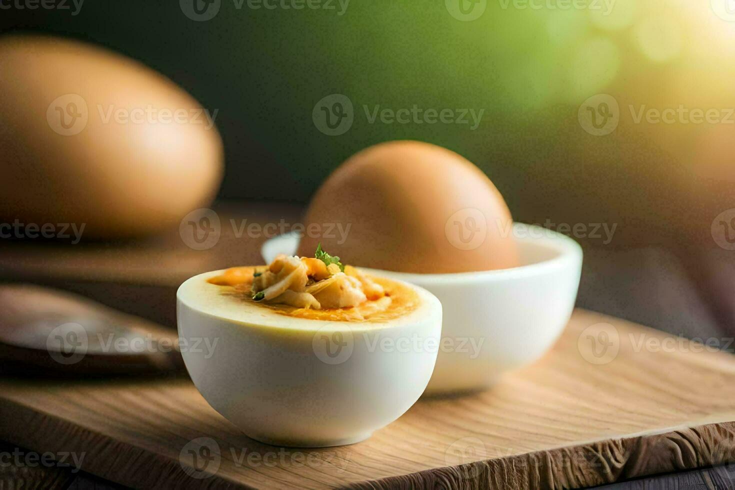 un uovo nel un' ciotola con un' cucchiaio. ai-generato foto