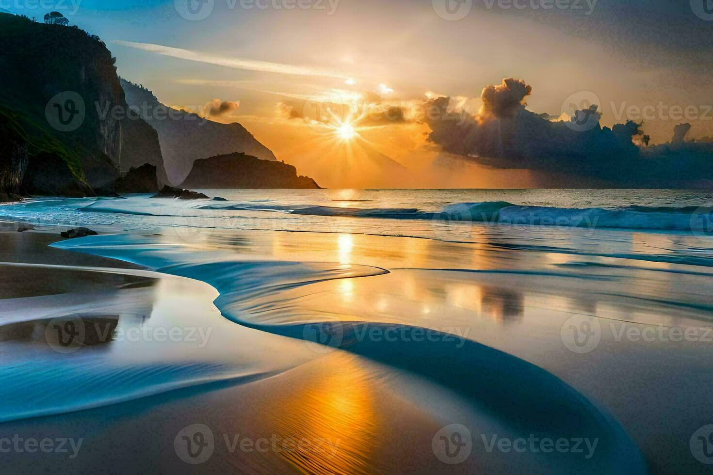 il sole sorge al di sopra di il oceano e onde su il spiaggia. ai-generato foto