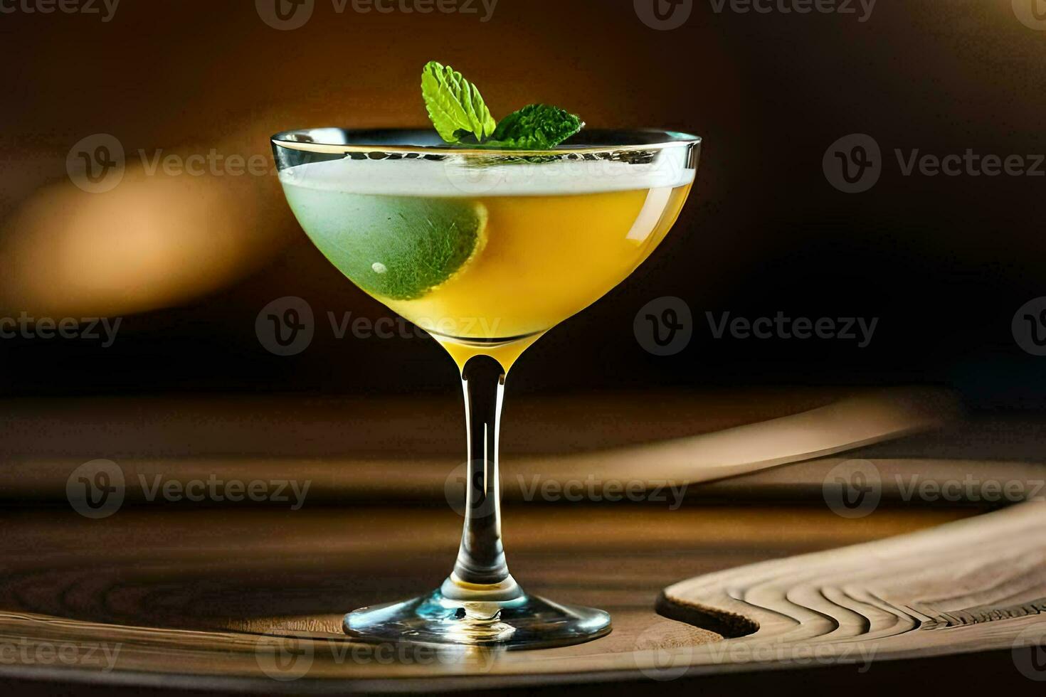 un' cocktail con un' lime contorno si siede su un' di legno tavolo. ai-generato foto