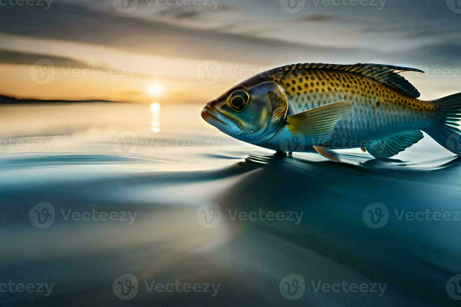 un' pesce è nuoto nel il oceano a tramonto. ai-generato foto