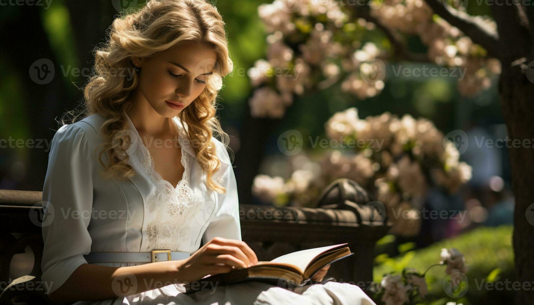 sorridente donna lettura prenotare, godendo natura bellezza e rilassamento generato di ai foto