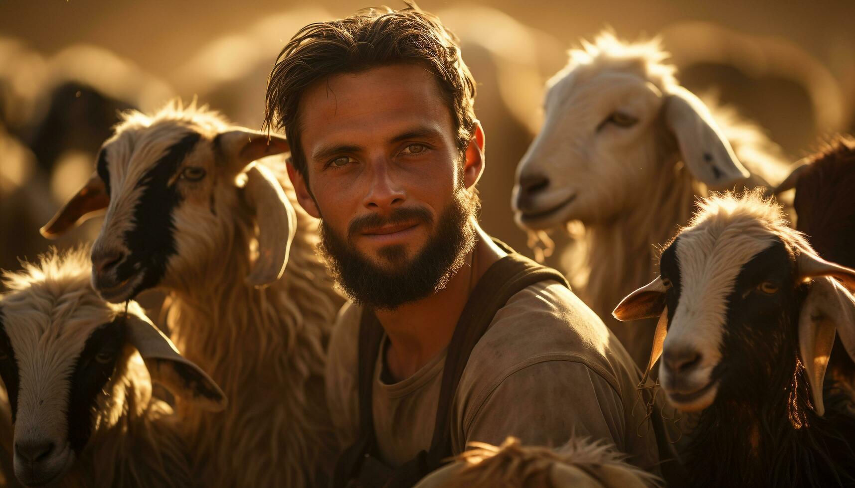 sorridente contadino e bestiame legame nel spensierato rurale tramonto scena generato di ai foto