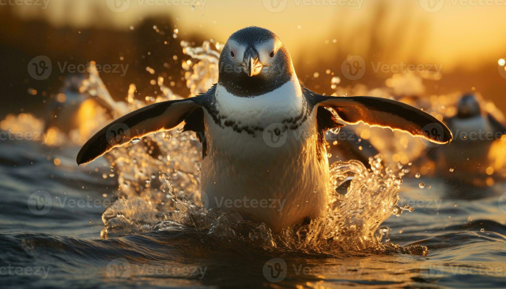 un' carino pinguino nuoto nel ghiacciato acqua, godendo il tramonto generato di ai foto