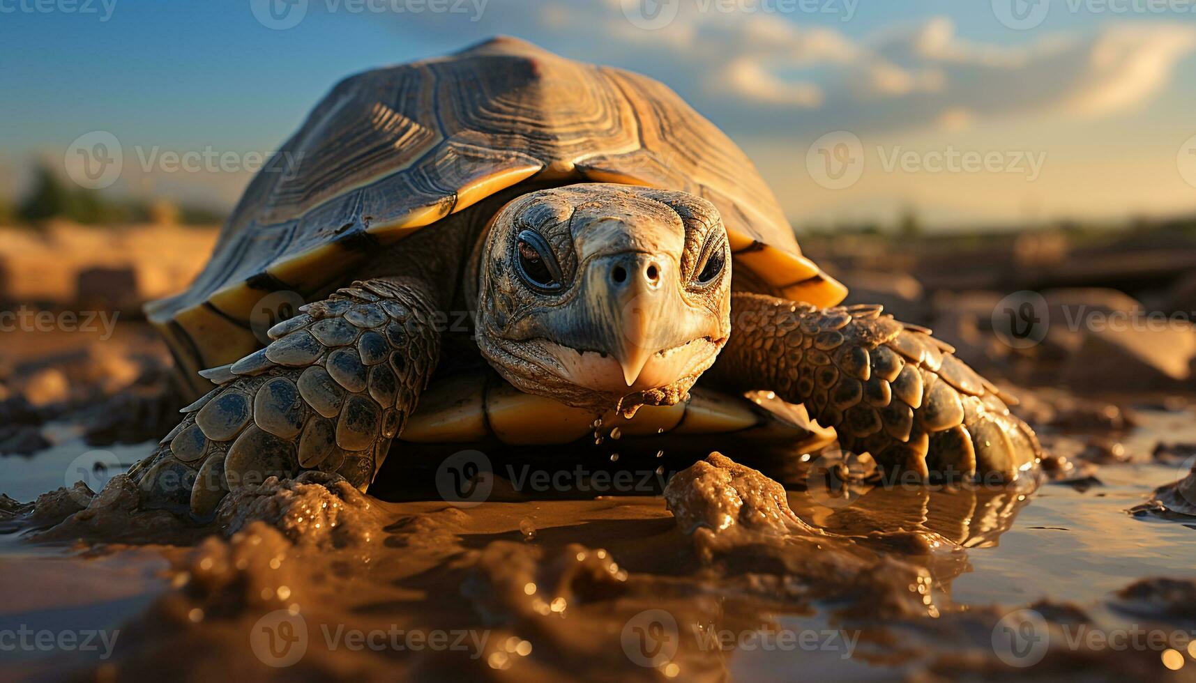 un' lento tartaruga striscia nel il sabbia, suo conchiglia scintillante generato di ai foto
