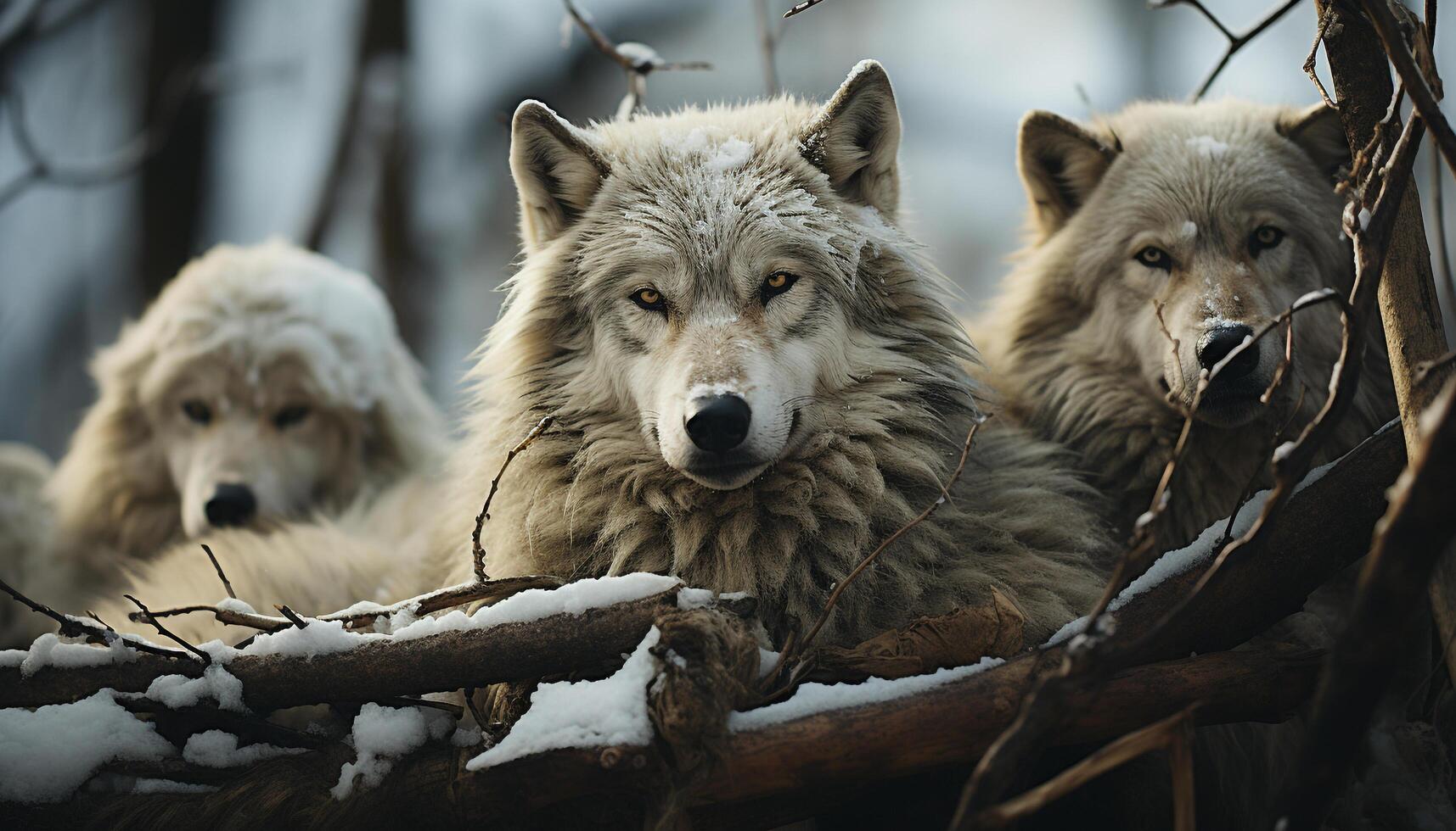 carino lupo nel inverno foresta, guardare con puro bellezza generato di ai foto