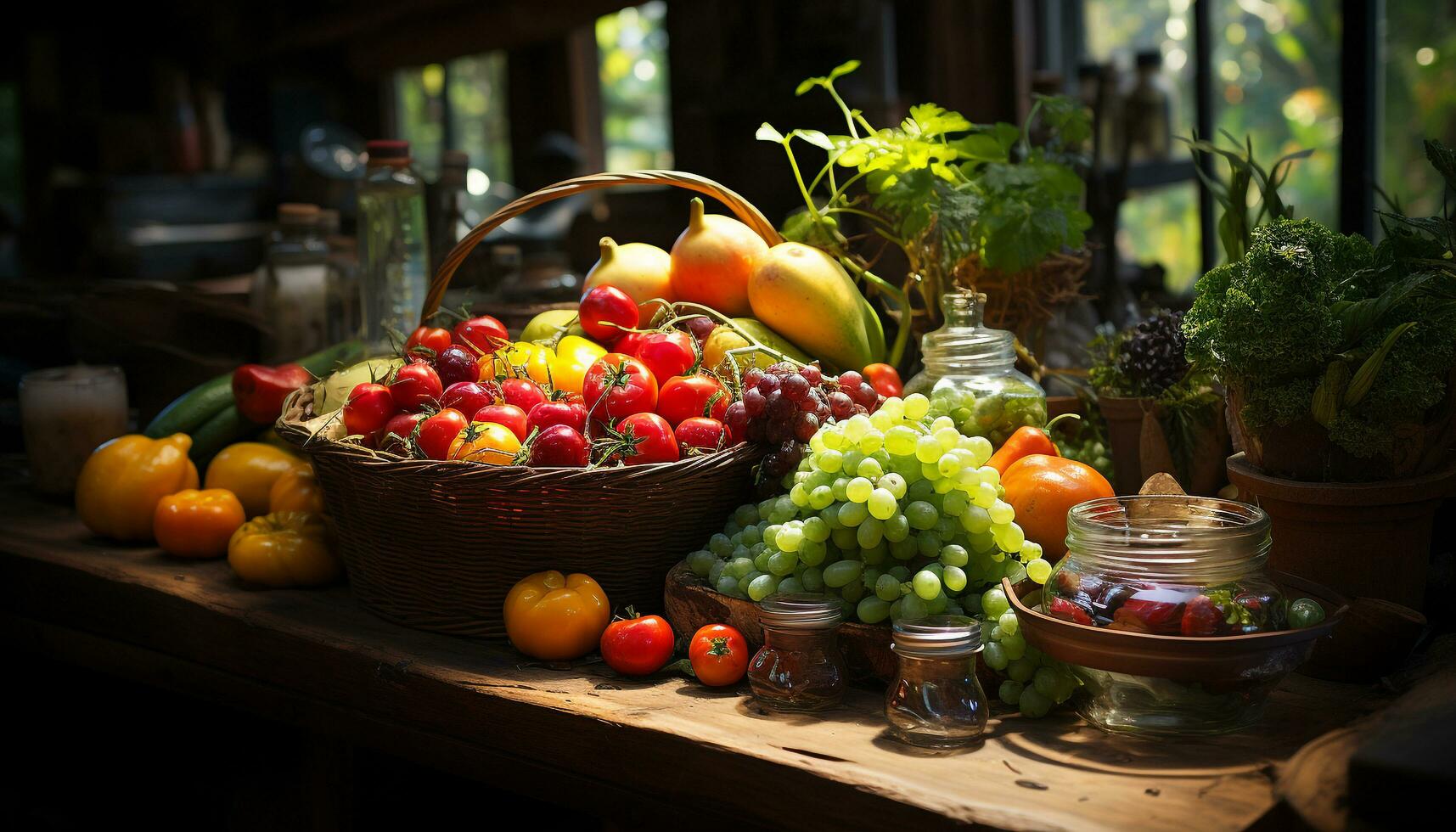 fresco biologico frutta e verdure nel un' rustico di vimini cestino generato di ai foto