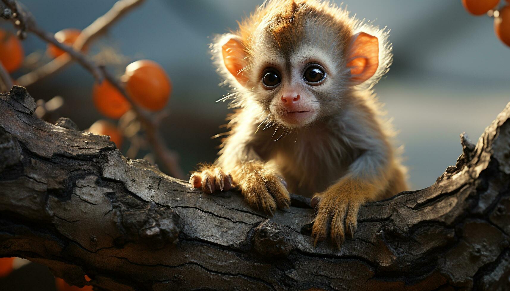 carino piccolo scimmia seduta su ramo, guardare a telecamera scherzosamente generato di ai foto