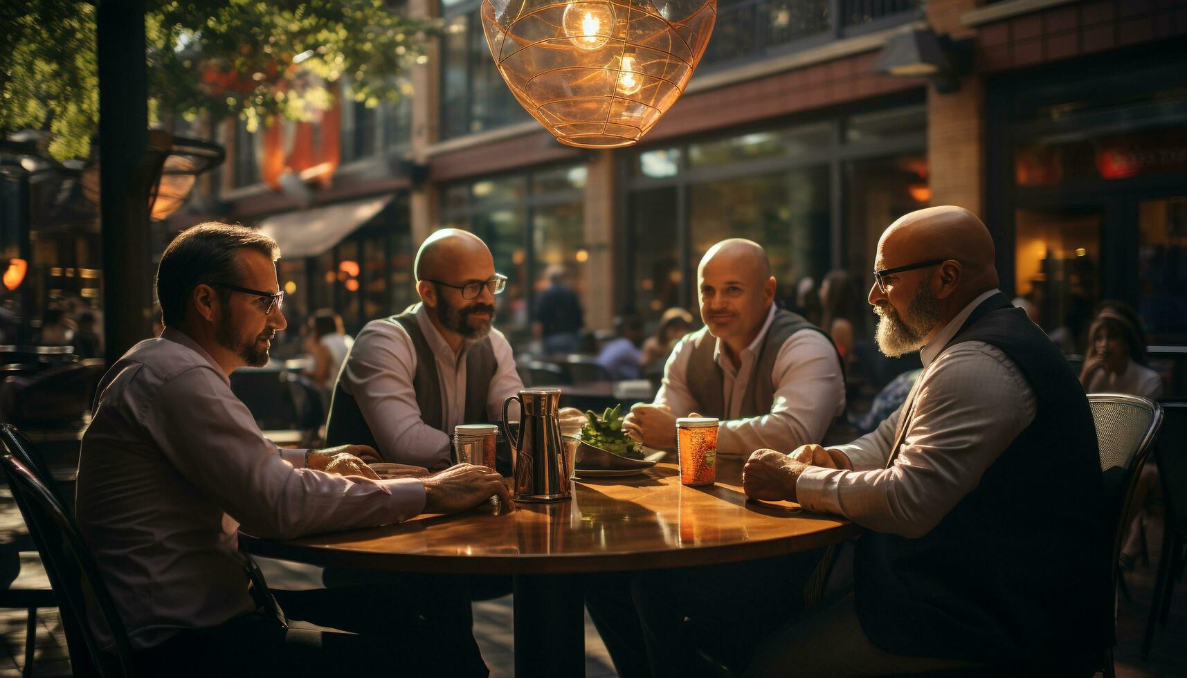 un' diverso gruppo di professionisti godendo bevande a un' bar generato di ai foto