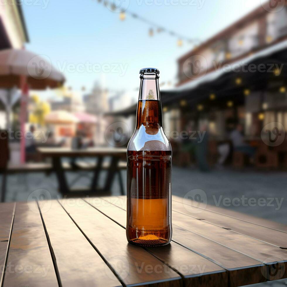 Due non aperto birra bottiglie su un' di legno tavolo, astratto bar sfondo. 3d illustrazione. generativo ai soddisfare foto